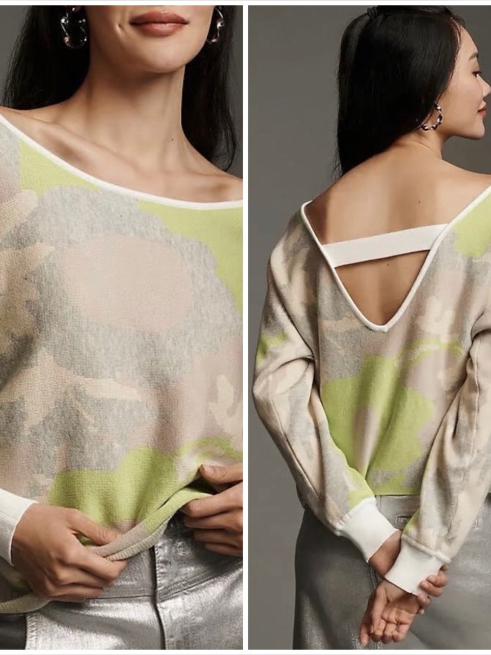 Anthropologie Daily Practice Hazy Daze Lime Green Camo Print Sweater Sz XS